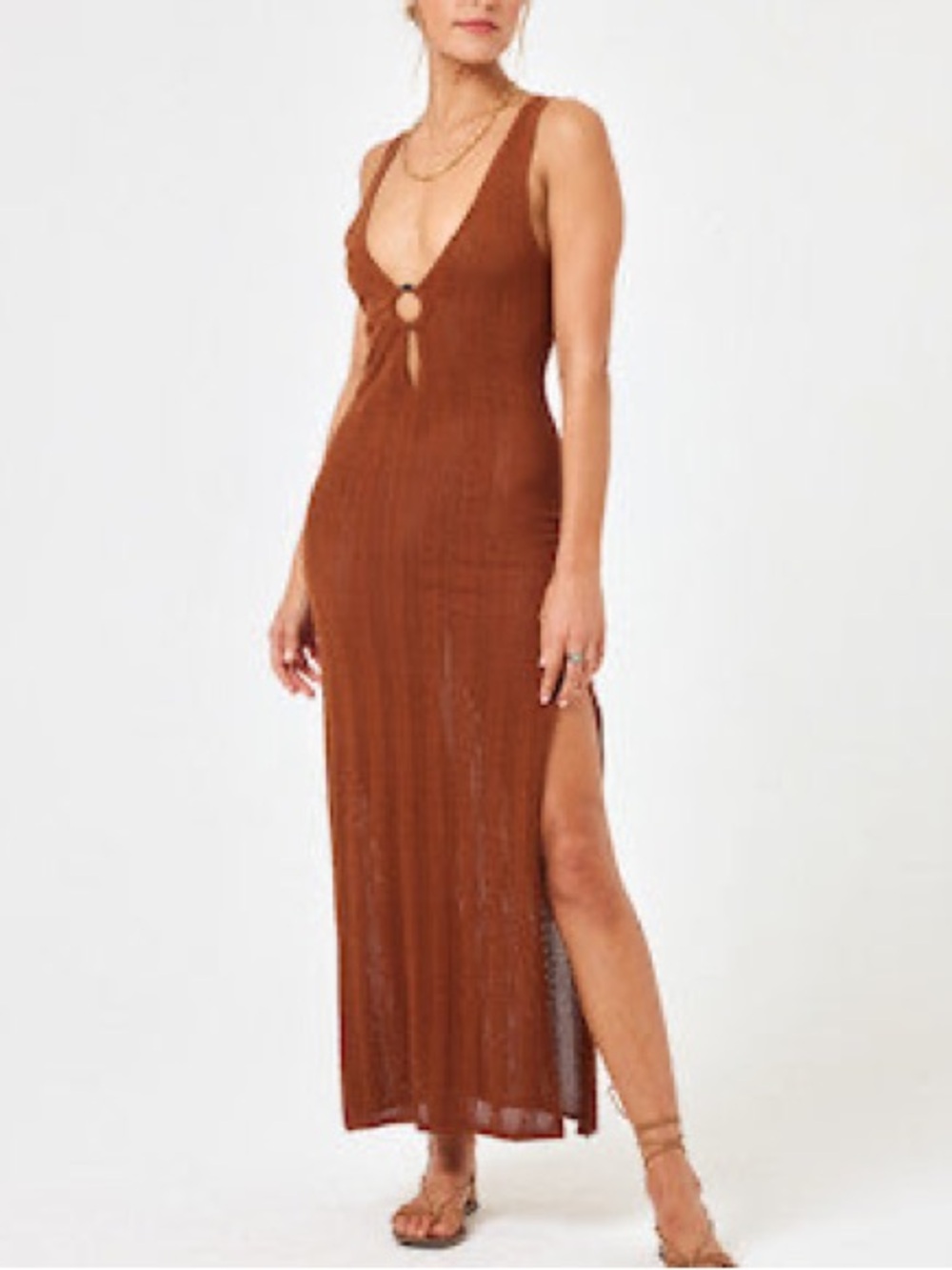 L*Space Tricia Rust Brown Open-Knit Maxi Cover-Up Dress